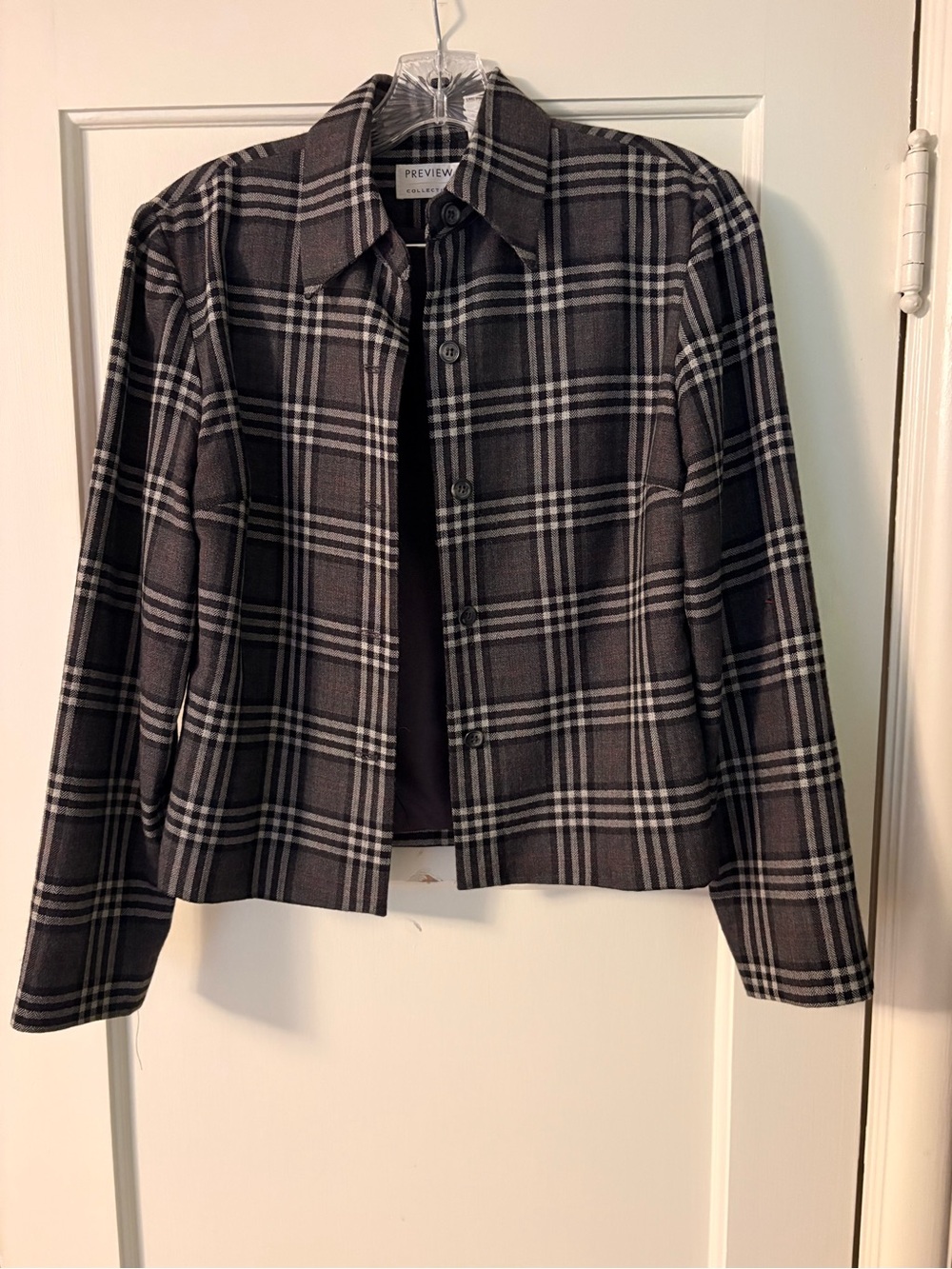 Preview Vintage Wool Plaid Button-Front Cropped Jacket in Black and Gray